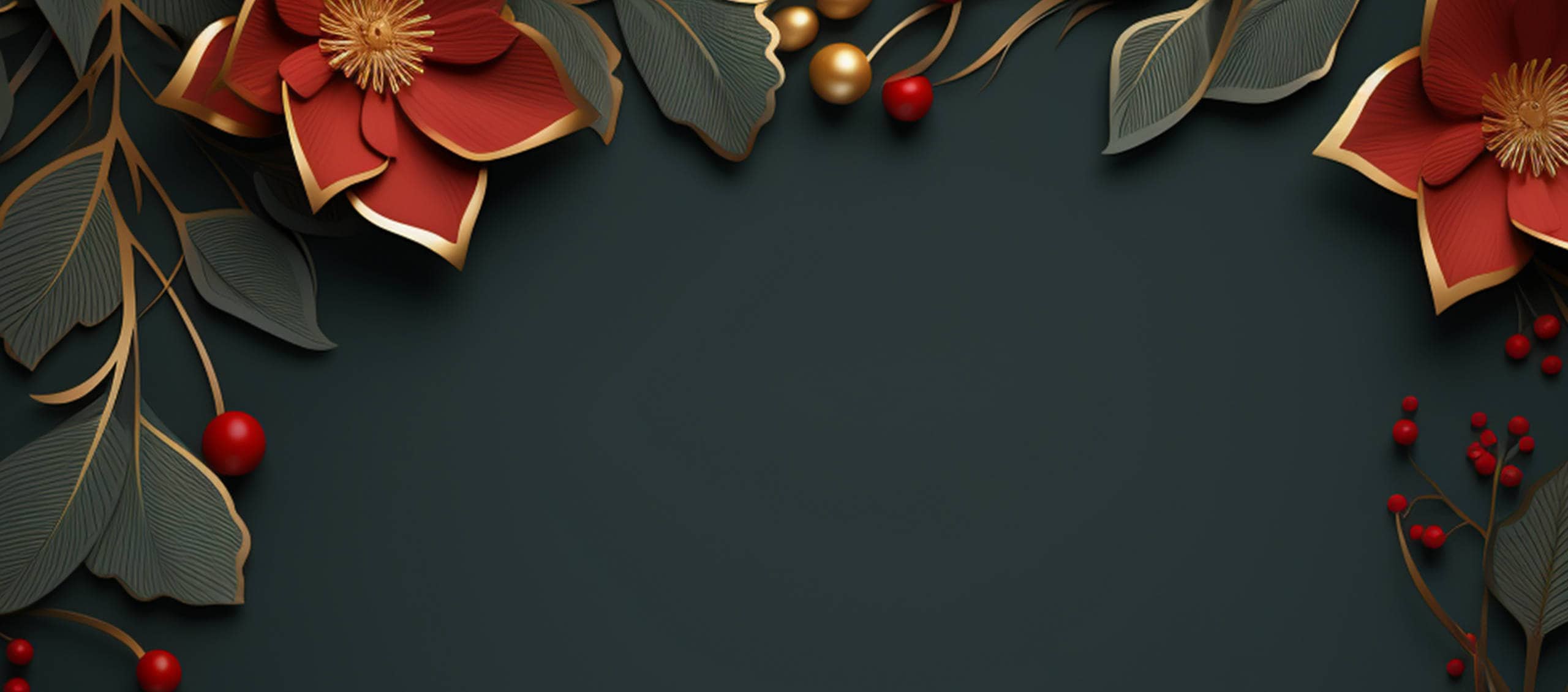 Christmas background with red poinsettias and berries on a dark background.