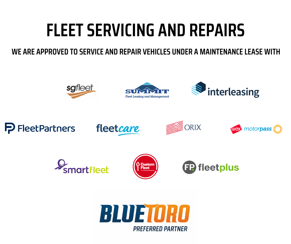 Text stating approved fleet servicing and repair partners, including logos of SG Fleet, Summit, Interleasing, FleetPartners, Fleetcare, ORIX, Motorpass, SmartFleet, Custom Fleet, FleetPlus, and Blue Toro.